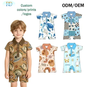 Stretchy Skin-friendly Bamboo Toddler Boys Polo Romper Short Sleeve Button Collar Baby Bodysuit Custom Printed Jumpsuit