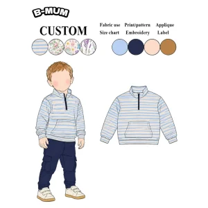 Striped Stand Collar Half Zip Kids Boys Sweatshirt Loose Oversize Long Sleeve Top Large Front Kangaroo Pockets Boy Pullover