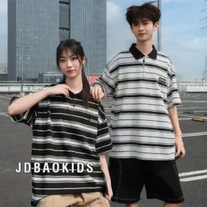 Stylish Casual Boys Teenagers Summer Short sleeve T shirt Dropped Shoulder Vintage Striped Polo Shirts