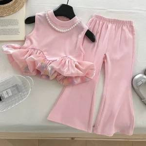 Stylish Girls Clothing Set Newly Fashion Summer Pink Flared Kids Girls Summer Clothing Set 8 to 10 Years
