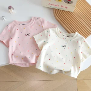 Summer 100 Cotton Girls Short sleeved T shirt Softened Round Neck Polo Dot Baby Top