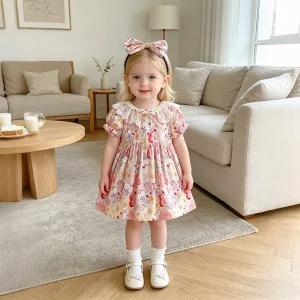 Summer 2 6Yrs Baby Clothes Children Baby Sweet Short Sleeved Print Dress Pink Flower Princess Style Sisters Dress