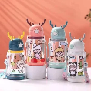Summer Animal Deer Horn Water Bottle with Straw Children’s Large Capacity 600ml Cute Student Sports Simple Water Bottle