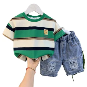 Summer Baby Boy Casual Sports Clothing Sets Short Sleeve Cartoon T Shirt Jeans Two Piece Polyester Cotton Boys