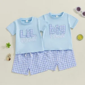 Summer Baby Boys Big Bro Lil Bro Gingham Shorts and T shirt Smocked Clothes Set Blue Gingham Kids Boy Sibling Shorts Set