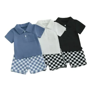 Summer Baby Boys Clothes Set Casual Short Sleeve Lapel Neck Tops Plaid Elastic Shorts Kids Boys Outfit