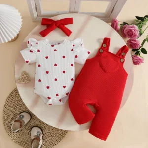 Summer Baby Girl Cotton 3pcs Clothing Sets Short Sleeve Triangle Jumpsuit Waffle Strap Pants Hair Strap