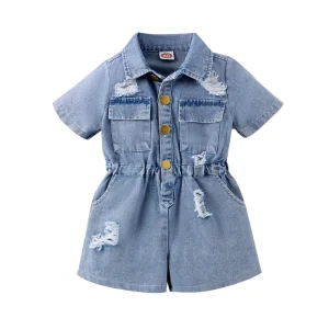 Summer Baby Girls’ Denim Jumpsuit Distressed Short Sleeve Romper with Turn Down Collar Waist Cinched Design