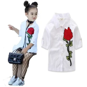 Summer Baby Girls Rose Flower Long Sleeve Shirts White Casual Blouse
