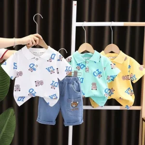 Summer Baby Set for Boys Casual 100% Organic Cotton Two Piece Set Stylish Collar with Bear Print Short Sleeves