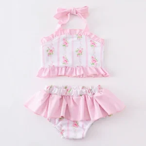 Summer Beach Pink Floral Print Ruffle 2pc Girl Swimsuit One Piece Swimwear