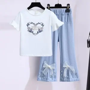 Summer Big Girl Clothing Set Teenage Girl T-shirt Shorts Clothing Set Casual Children’s Clothing Set