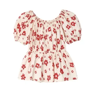 Summer Blouse for Girls Floral Bubble Sleeve Tops Front Logo Waist Short Sleeve