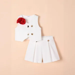 Summer Boutique Cotton Girls’ Suit Set with Three dimensional Flower Sleeveless Top and Shorts for Children