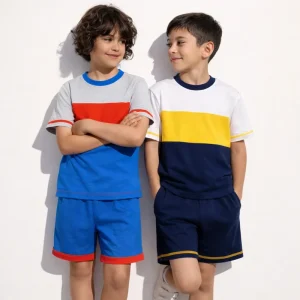 Summer Boys Clothing Sets Color Block Cotton 2 Pcs Outfits Kids Short Sleeve T-Shirt Shorts Sportswear Set Custom Logo