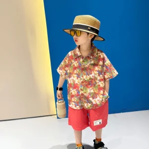 Summer Boys Floral Shirt Set Stylish Lightweight Loose Short Sleeve Handsome Two Piece Outfit for Kids and Toddlers
