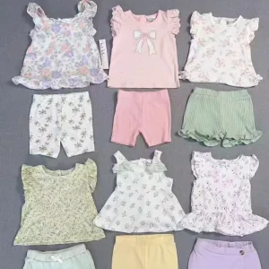 Summer Casual Girls Clothing Set Polyester Cotton Worsted Quick Dry Kids T Shirt Sleeveless Ruffle String Waist Bloomer