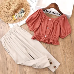 Summer Casual Little Girls Clothing Sets Kids’ Short Sleeved Tops Solid Bloomers Baby Set Two Piece Children Clothing