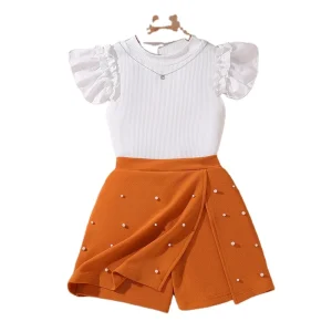 Summer Children Girl Clothes Set Ribbed Knit Ruffle Sleeve Top and Pearl Studded Skort Girls Princess Outfits Suit