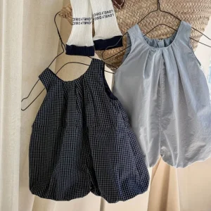 Summer Children Girl Cotton Plaid Solid Color Sleeveless Jumpsuit Casual Baby Shorts