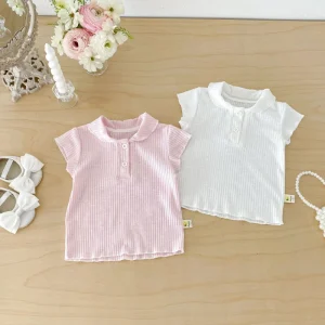 Summer Children Girl Cotton Solid Color Ribbed Knit Turn-down Collar Short Sleeve Baby Polo Shirt
