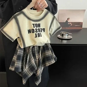 Summer Children Girls Clothes Sets Short Sleeve Letter Print T Shirt Plaid Irregular Skirt 2Pcs Boutique Kids Clothing