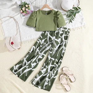 Summer Children Girls Clothing Sets 8 12 Years Green Short Sleeved Top Printed Casual Long Pants 2Pcs Teenage Clothes