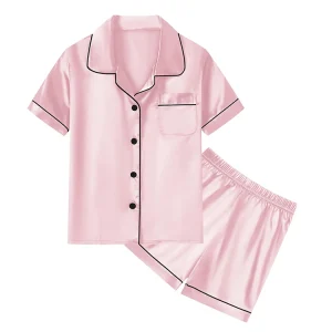 Summer Children Girls Silk Pajamas Sleepwear Lounge Wear Set Custom Short Sleeve Kids Satin Pajama Set