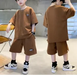 Summer Children Sports Suits Short Sleeve Round Neck Solid Color Pullover Shorts Set Teen Boys Clothing Sets