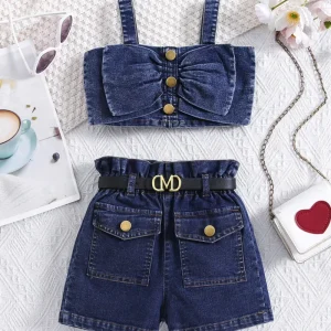 Summer Children Suspender Denim Top High Waist Denim Shorts 2 Pieces Girls Clothes Sets Casual Kids Clothing