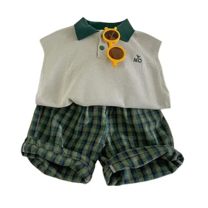 Summer Children’s Clothing High quality Boy’s Sleeveless Polo Shirt Suit Boys and Girls Fashion Plaid Pants Two piece Set