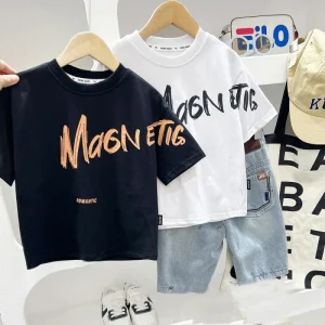 Summer Children’s Clothing Short Sleeve Round Neck Letter Print Kindergarten Casual Beach Outdoor Kids Boys Top Shirt