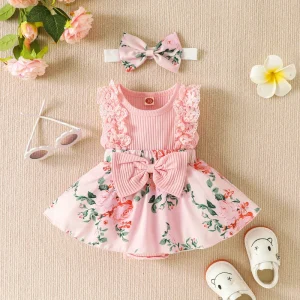 Summer Children’s Clothing for Girls One-Piece Romper with Lace Splicing and Flowers Printing Girls Clothing Sets