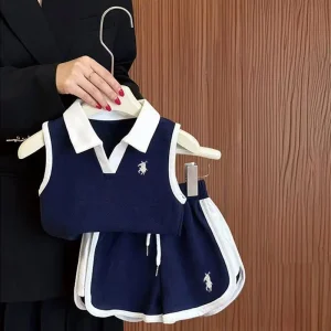 Summer Children’s Kids Girls Cute Sleeveless Casual Embroidery Vest Shorts Clothing Two piece Sets