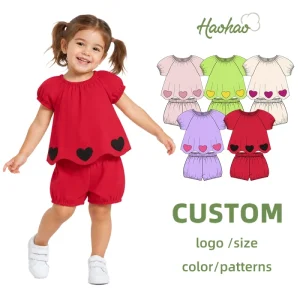 Summer Children’s Outfit Set Puffed Sleeves Heart Print Elastic Waist Kids Baby Girls Clothing Sets
