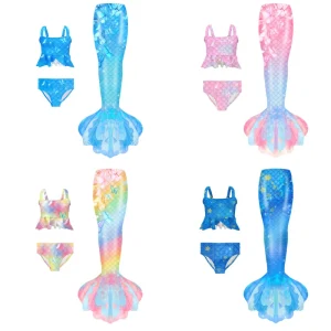 Summer Children’s Swimwear Set Cartoon Mermaid Tail Pattern Breathable Spandex Polyester Girls’ Plus Size Swim