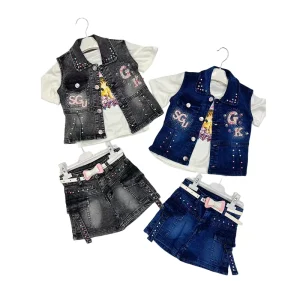 Summer Collection Kids Clothing Fashion Style T Shirts Denim Shorts Denim Jackets Belt Girls Clothing Sets