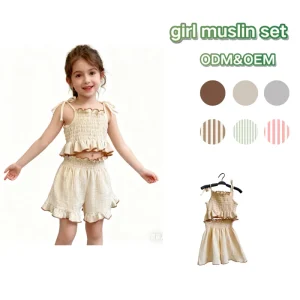 Summer Comfortable 2pcs Girls’ Casual Clothing Set Cute Sleeveless Tops Shorts Soft Muslin Solid for Daily Wear