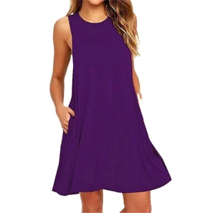 Summer Comfortable Women’s Plain Summer Sleeveless Casual Solid Pockets T Shirt Dress Swing Dress Vestidos Trendy
