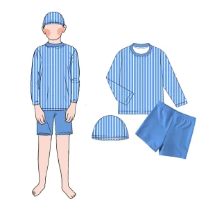 Summer Cool Comfortable 3pcs Set Boys Long Sleeves Striped Swimsuit Shorts and Swim Cap Set for Kids Boy