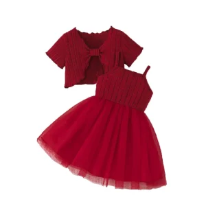 Summer Cute Girl’s Clothes Set Casual Solid Color Short Top With Mesh Dress Suit Set Two Pieces Girl Clothing Sets
