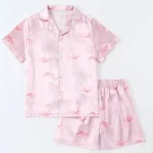 Summer Cute Style Girls Pajamas Set Printed Cartoon Pattern Unisex Children’s Sleepwear Ice Silk Comfortable Satin Soft Homewear