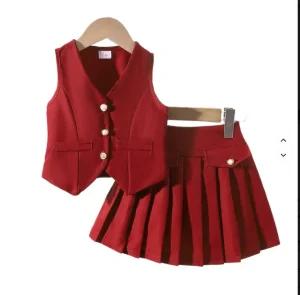 Summer European American Girls’ Vest Jacket Pleated Skirt Set Casual Cotton Style for Children’s Cross Border Foreign Trade