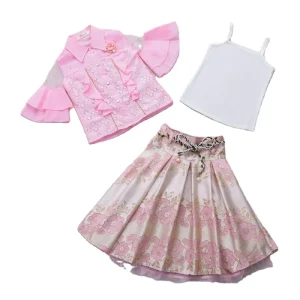 Summer Fall 2 Piece Pink Blouse Pattern Skirt Teen Girl Clothing Set With Bag