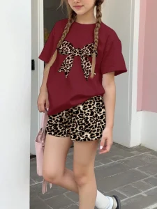 Summer Fashion Girl Outing Exquisite Dressing Casual Versatile Leopard Pattern Bow 3D Printed Short Sleeve Shorts Set 100%