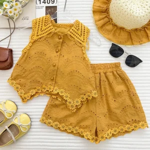 Summer Fashion Girls Bow Cutout Crochet Vest Short Set