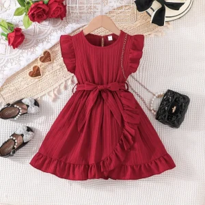 Summer Fashion Girls Casual Dress Solid Color Wave Stripe Flutter Sleeve Neck Ruffle Lace Natural Chiffon