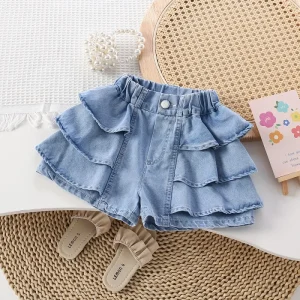 Summer Fashion Girls Outwear Ruffle Jean Shorts Elastic Waist Children Denim Shorts