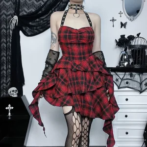 Summer Fashion Gothic Style Backless Slimming Red Plaid Irregular Halter Dress Women