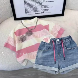 Summer Fashionable Girl’s Cotton Striped T-Shirt and Denim Shorts Two-Piece Set Breathable Casual Wear